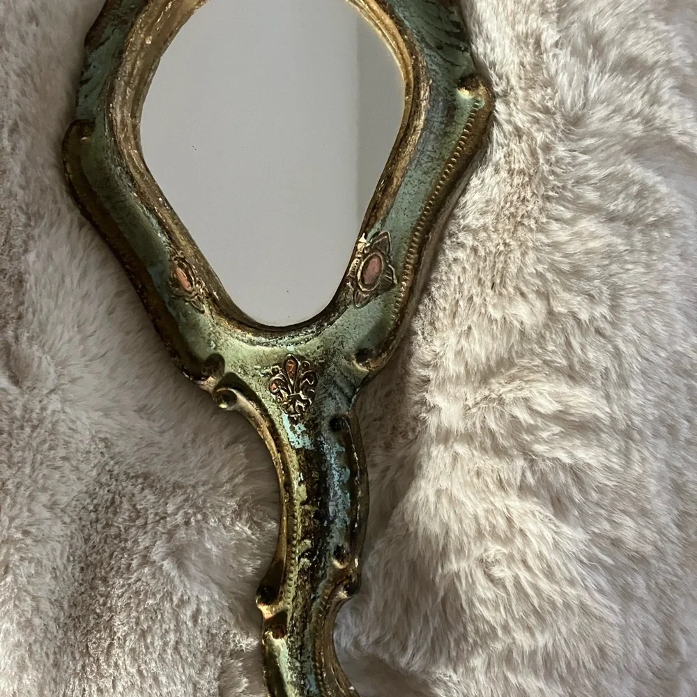 Vintage Florentine style Hand Carved Hand Mirror